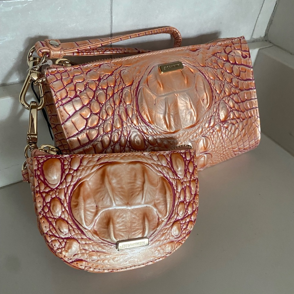 Brahmin Daisy APRICOT ROSE Wristlet Clutch & Clip On Britt Card Coin Wallet-2 PC - Picture 5 of 16